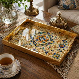 Moroccan Geometric Star Decorative Tray with Gold Frame and Tile Motifs | Minti Home - MintiHome