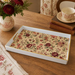 White tray with gold trim featuring vintage red rose and floral pattern on linen-style background