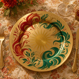 Decorative charger plate on a linen table.