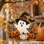 Friendly Ghost Witch Hat MDF Hanging Wall Decor – Bats clear acrylic hanging wall decor with back-printed illustration, scalloped die-cut silhouette, hung with natural jute twine.