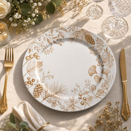 Thanksgiving Gold Botanical Charger Plate – Pine Cone & Oak Leaf Holiday Table Decor - MintiHome