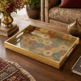 Moroccan Mosaic Geometric Gold Decorative Tray with Multicolored Tiles and Gold Frame | Minti Home on a coffee table, featuring UV-printed artwork on tempered glass with an electroplated frame and matching handles.