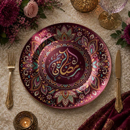 Decorative charger plate on a linen table.