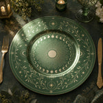 Decorative charger plate on a linen table.