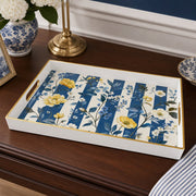 White tray with gold trim featuring blue striped botanical with yellow peony and white floral design