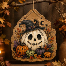Jack Skellington Pumpkin MDF Hanging Wall Decor – Mini Pumpkins clear acrylic hanging wall decor with back-printed illustration, scalloped die-cut silhouette, hung with natural jute twine.