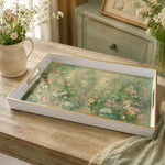 White tray with gold trim featuring watercolor wildflower meadow with pink and white botanical pattern