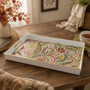 White tray with gold trim featuring autumn paisley leaf pattern in olive green and gold