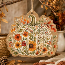 Thanksgiving Pumpkin MDF Hanging Wall Decor – Autumn Floral clear acrylic hanging wall decor with back-printed illustration, scalloped die-cut silhouette, hung with natural jute twine.