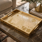 Middle East Skyline Glass Serving Tray – Mosque Towers on a coffee table, featuring UV-printed artwork on tempered glass with an electroplated frame and matching handles.