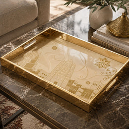 Middle East Skyline Glass Serving Tray – Mosque Towers on a coffee table, featuring UV-printed artwork on tempered glass with an electroplated frame and matching handles.