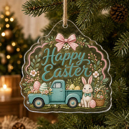Clear acrylic hanging wall decor with vintage teal Easter truck, white bunny, basket of pink eggs, and Happy Easter text.