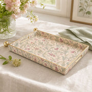 William Morris Sage Pink Floral Rectangular Tray | Mother's Day featuring full-color printed artwork with gold-painted rim and matching handles.
