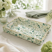 Green Eucalyptus Plastic Serving Tray – White Floral Border featuring full-color printed artwork with gold-painted rim and matching handles.