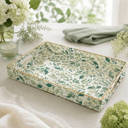 Green Eucalyptus Plastic Serving Tray – White Floral Border featuring full-color printed artwork with gold-painted rim and matching handles.