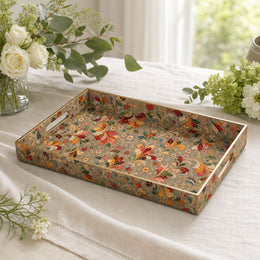 Gold Paisley Plastic Serving Tray – Vintage Floral Border featuring full-color printed artwork with gold-painted rim and matching handles.