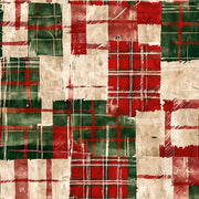 White tray with gold trim featuring rustic Christmas plaid patchwork in red green and cream
