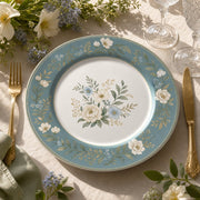 Powder-blue rim decorative charger plate with white peonies, forget-me-not florals, and a gold dotted border for French country tables.