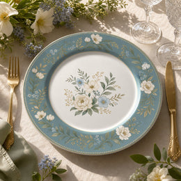 Powder-blue rim decorative charger plate with white peonies, forget-me-not florals, and a gold dotted border for French country tables.