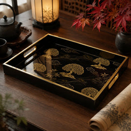 Japanese Gold Crane Decorative Tray with Black and Gold Design - MintiHome