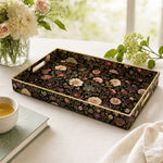 Black Gold Floral Plastic Serving Tray – Pink Chrysanthemum featuring full-color printed artwork with gold-painted rim and matching handles.
