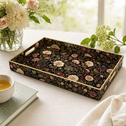 Black Gold Floral Plastic Serving Tray – Pink Chrysanthemum featuring full-color printed artwork with gold-painted rim and matching handles.