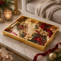 Christmas Poinsettia Glass Serving Tray – Red Gold Border - MintiHome