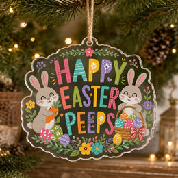 Happy Easter Peeps bunny acrylic hanging with twin bunnies, egg basket, and rainbow text on clear acrylic with jute twine.
