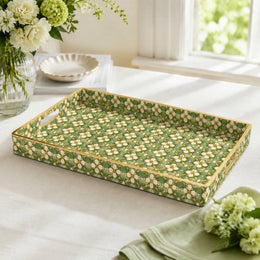 Olive Mini Daisy Floral Plastic Serving Tray – Gold Border featuring full-color printed artwork with gold-painted rim and matching handles.