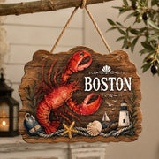 Boston Lobster MDF Wood Hanging Wall Decor – Lighthouse clear acrylic hanging wall decor with back-printed illustration, scalloped die-cut silhouette, hung with natural jute twine.