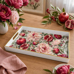 White tray with gold trim featuring watercolor pomegranate peony and berry botanical pattern