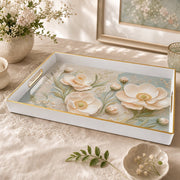 White tray with gold trim featuring pink poppy and vintage lace botanical floral design