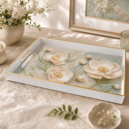 White tray with gold trim featuring pink poppy and vintage lace botanical floral design