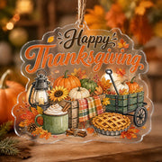 Happy Thanksgiving acrylic hanging wall decor with apple pie, pumpkin, cocoa, cinnamon, and clear die-cut edge.