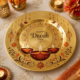 Gold Diwali charger plate with three lit red diya oil lamps, 