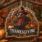 Thanksgiving Turkey MDF Hanging Wall Decor – Pilgrim Hat clear acrylic hanging wall decor with back-printed illustration, scalloped die-cut silhouette, hung with natural jute twine.