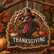Thanksgiving Turkey MDF Hanging Wall Decor – Pilgrim Hat clear acrylic hanging wall decor with back-printed illustration, scalloped die-cut silhouette, hung with natural jute twine.