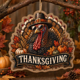 Thanksgiving Turkey MDF Hanging Wall Decor – Pilgrim Hat clear acrylic hanging wall decor with back-printed illustration, scalloped die-cut silhouette, hung with natural jute twine.