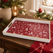 White tray with gold trim featuring red Christmas snowflake reindeer and pine tree pattern