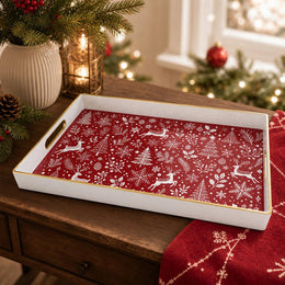 White tray with gold trim featuring red Christmas snowflake reindeer and pine tree pattern
