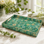 Persian Emerald Floral Plastic Serving Tray – Gold Lattice featuring full-color printed artwork with gold-painted rim and matching handles.