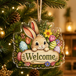 Easter bunny welcome acrylic hanging wall decor with pastel eggs, pink tulips, and daisies on clear acrylic with jute twine.