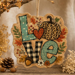 Thanksgiving LOVE MDF Wood Hanging Wall Decor – Pumpkin Letters clear acrylic hanging wall decor with back-printed illustration, scalloped die-cut silhouette, hung with natural jute twine.