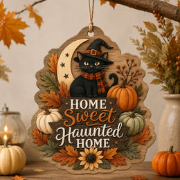 Home Sweet Haunted Home MDF Hanging Wall Decor – Black Cat clear acrylic hanging wall decor with back-printed illustration, scalloped die-cut silhouette, hung with natural jute twine.