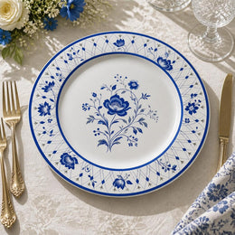 White porcelain decorative charger plate with cobalt blue Delft-style peony and lattice botanical border for classic tables.