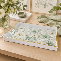 White tray with gold trim featuring watercolor sage green anemone and eucalyptus floral botanical design