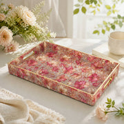 Blush Pink Maple Leaves Rectangular Tray | Romantic Home Decor Gift featuring full-color printed artwork with gold-painted rim and matching handles.