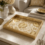 Gold Tropical Monstera Leaf Glass Serving Tray with Gold Frame - MintiHome