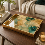 Teal Marble Glass Serving Tray with Gold Veining, Modern Decor - MintiHome
