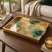Teal Marble Glass Serving Tray with Gold Veining, Modern Decor - MintiHome